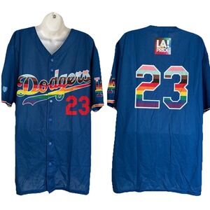 NEW Los Angeles Dodgers Jersey Pride 23 MLB Baseball Rainbow Blue Men's XL
